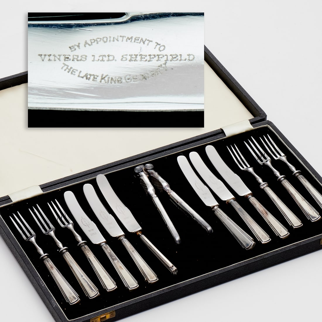 English Assembled silver nut service: English Assembled silver nut service, c. 1955, Sheffield, UK, Viners, incl. (6) pricks, (6) knives, each fully hallmarked to stem, (1) c. 1950, Sheffield, Walker & Hall, silver plated nutcracker, hall
