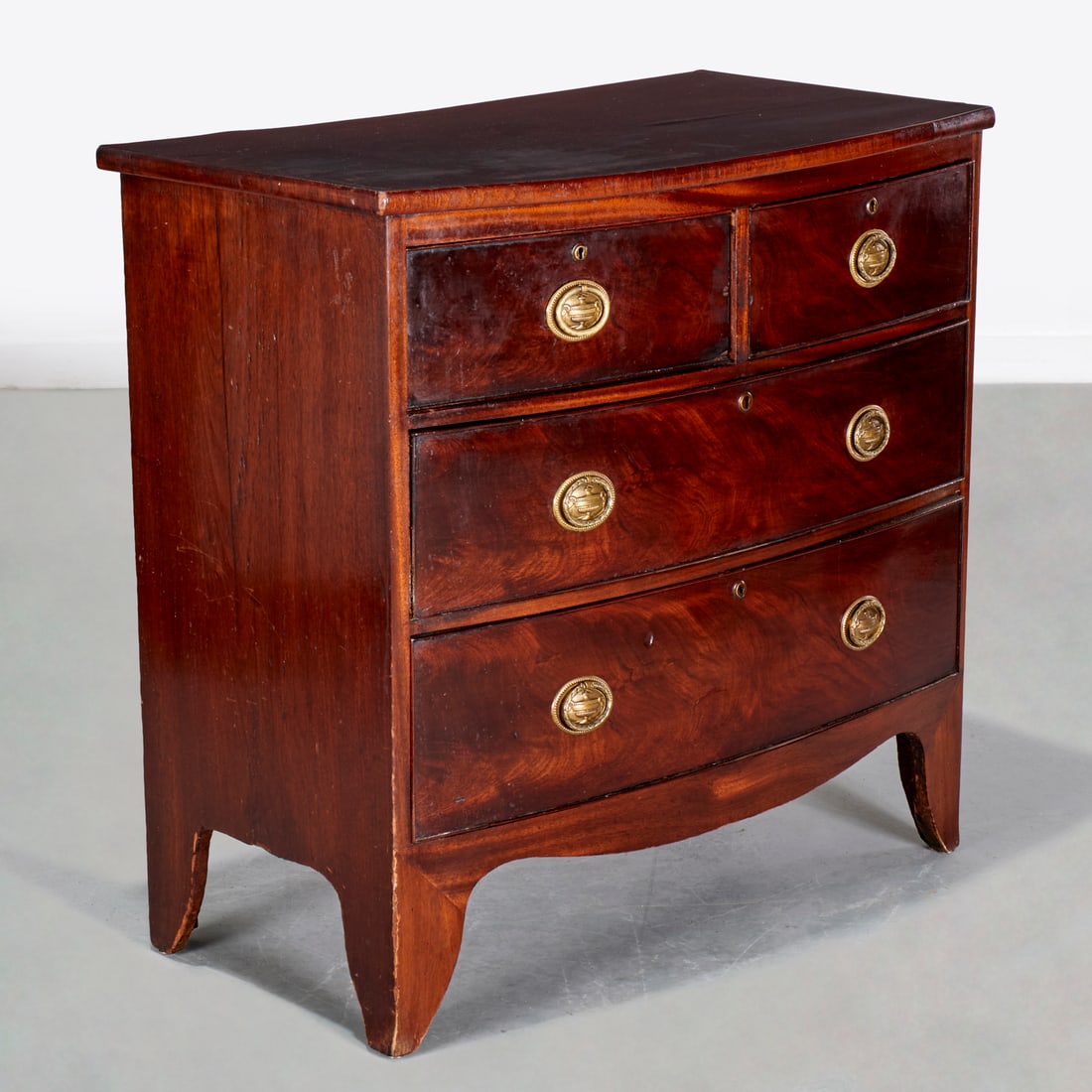 Antique George III style mahogany bow front chest: Antique George III style mahogany bow front chest, 19th c., England, 34.5"h x 35"h x 19.5"d
