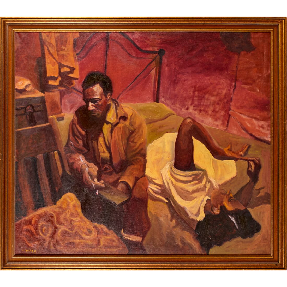A. Winer, illustration art, oil on canvas: A. Winer, illustration art, oil on canvas, A. Winer (American, 20th c.), Figures in Bedroom, signed "A. Winer" at lower left, 41.5"h x 47.25"w (sight), 46.5"h x 52.5"w (frame) Provenance: A Private Co