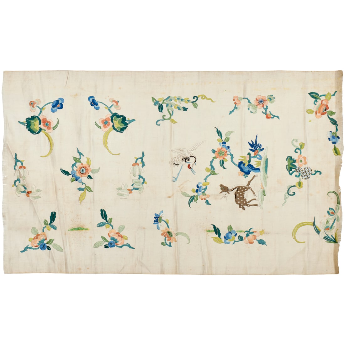 Large antique Chinese embroidered silk panel: Large antique Chinese embroidered silk panel, 20th c., crane and deer surrounded by florals, approx. 21"h x 12.75"w
