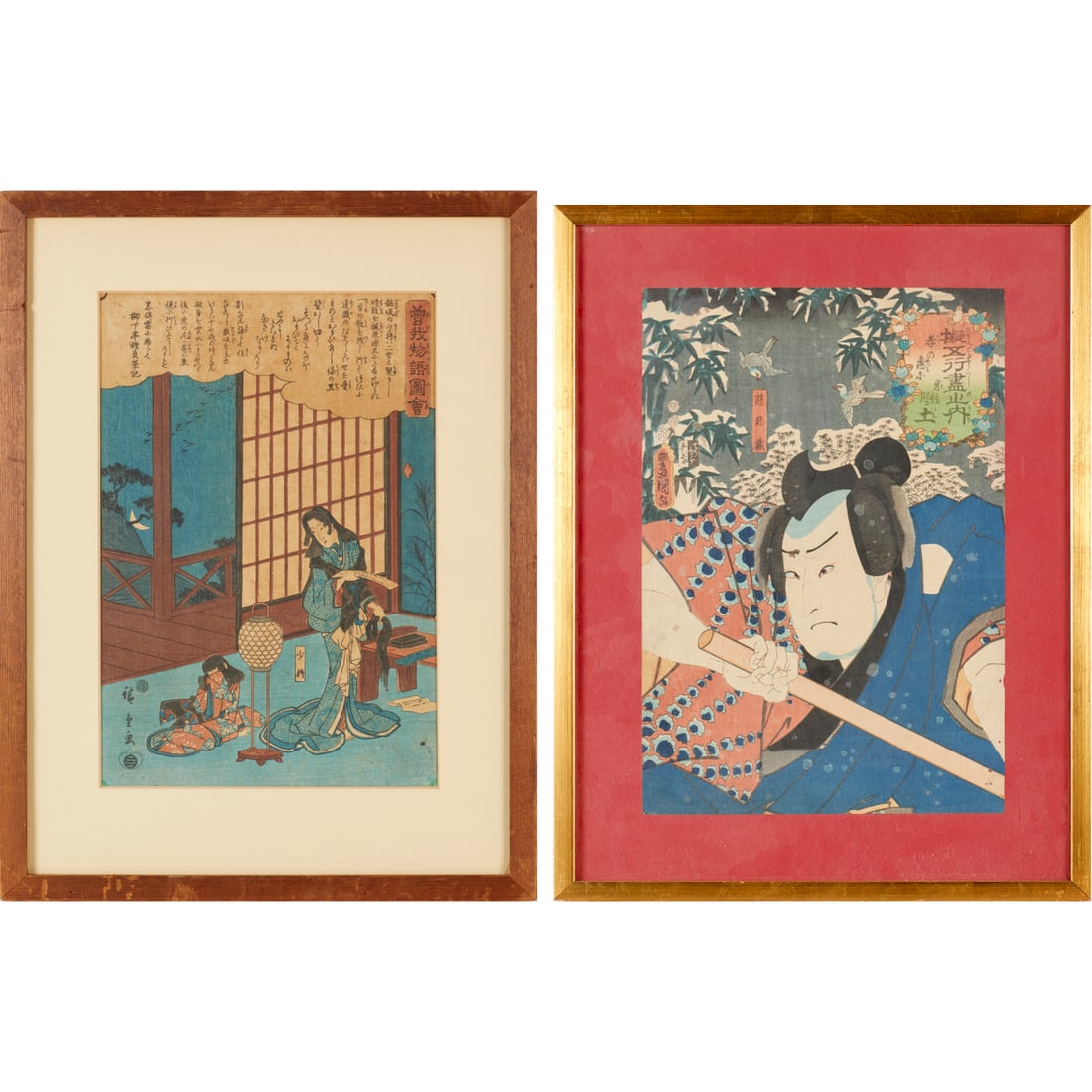 (2) Japanese woodblock prints: (2) Japanese woodblock prints, Utagawa Hiroshige (1797-1858), "Keaizaka no Shosho Cut Her Hair to Be a Nun", 13.25"h x 9"w (sight), 19"h x 14.25"w (frame); with, Utagawa Kunisada (1786-1865), Kabuki