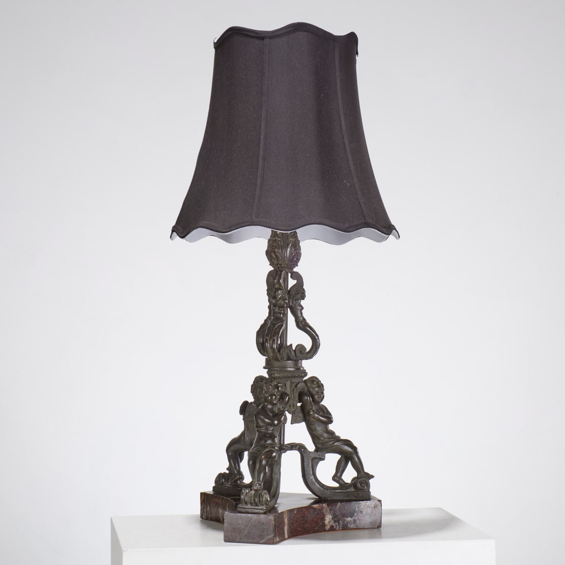 Italian Grand Tour patinated bronze lamp: Italian Grand Tour patinated bronze lamp, Late 19th c., probably Naples, baluster form stem, decorated with mermaids and full bodied putti on three-sided concave variegated marble base, three-light cl