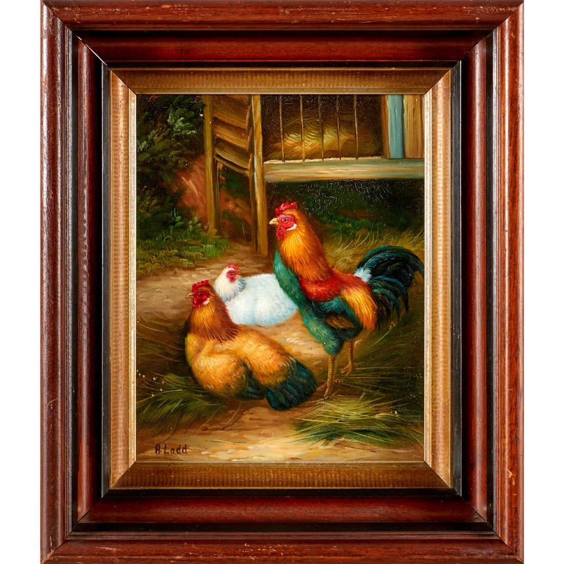 A. Ladd, oil on canvas: A. Ladd, oil on canvas, A. Ladd (20th c.), Rooster and Hens, signed lower left, 9.5"h x 7.5"w (sight), 13.75"h x 11.75"w x 3.5"d (frame)