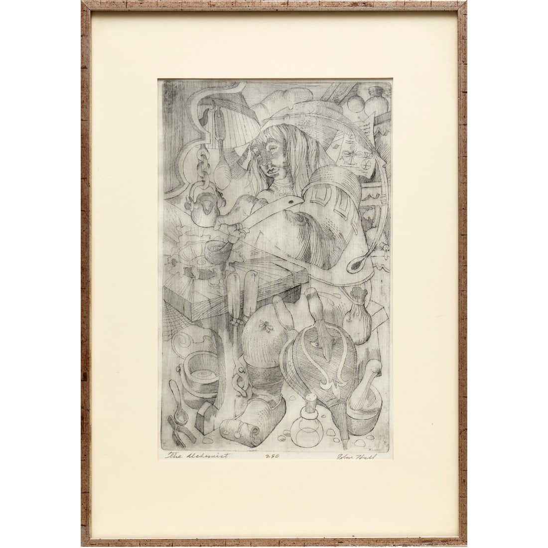 John Hull, signed etching: John Hull, signed etching, John Hull (American, b. 1952), "The Alchemist", etching on paper, pencil signed and titled lower margin, matted and framed under glass, 16.25"h x 10"w (sight), 23.5"h x