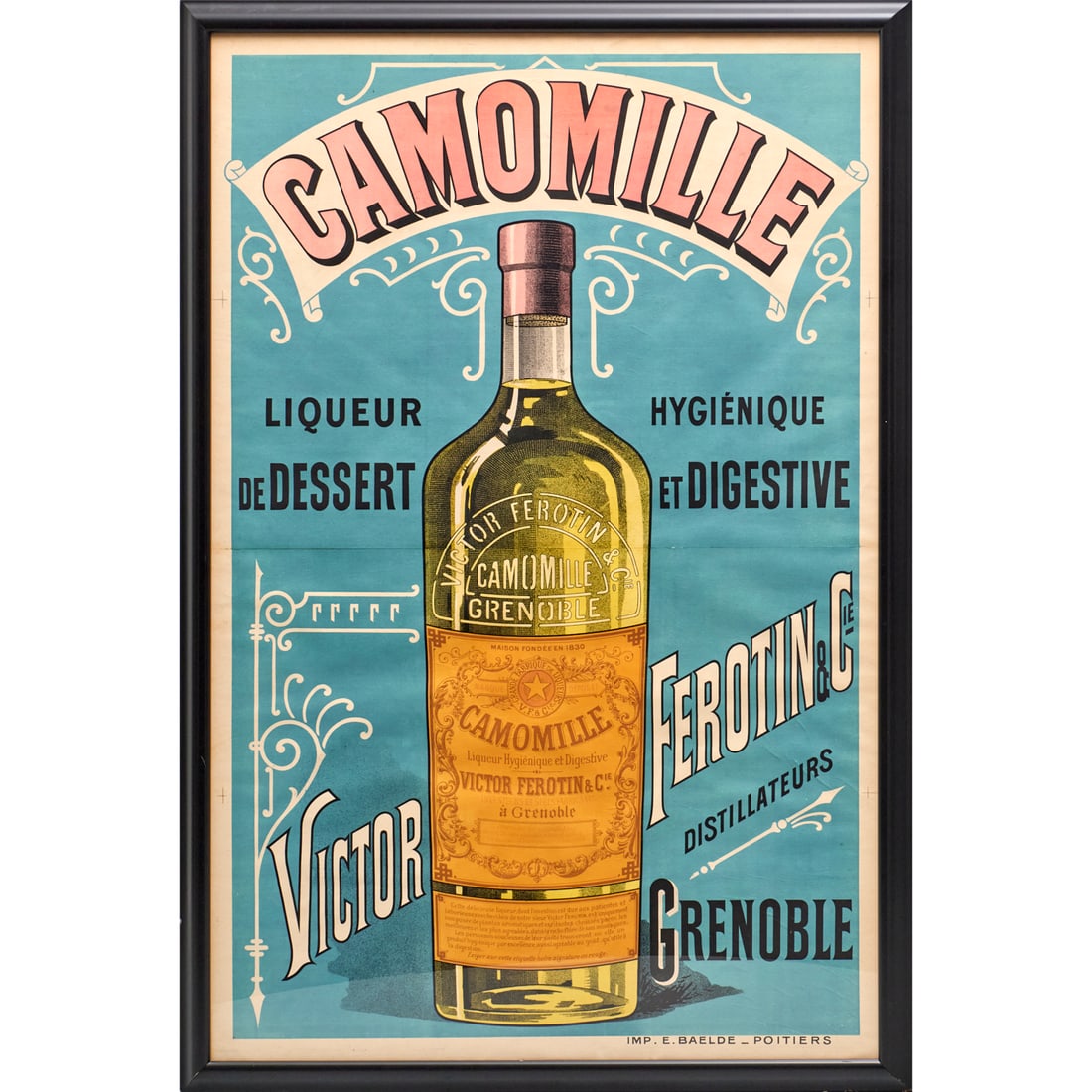 "Camomille Liquer" lithographic poster: "Camomille Liquer" lithographic poster, Early 20th c., France, advertising poster from Victor Ferotin & Cie, Grenoble, lithography by E. Baelde, Potiers, framed under plexiglass, 49"h x 31.75"w