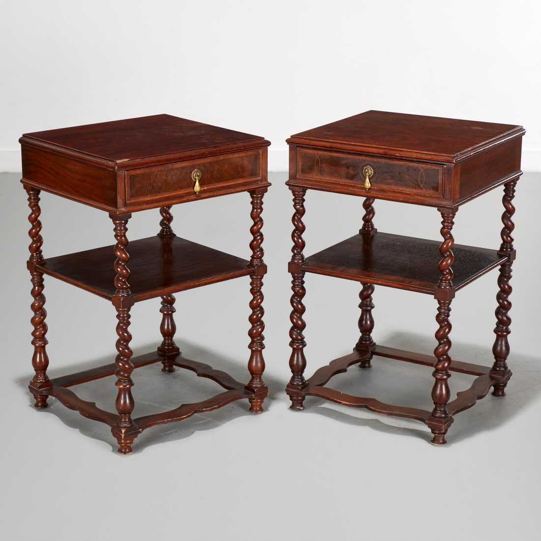 Pair William & Mary style side tables: Pair William & Mary style side tables, 20th c., single drawer front over open shelf supported by graduating barley twist legs, unmarked, each 28"h x 17.25"w x 16.25"d