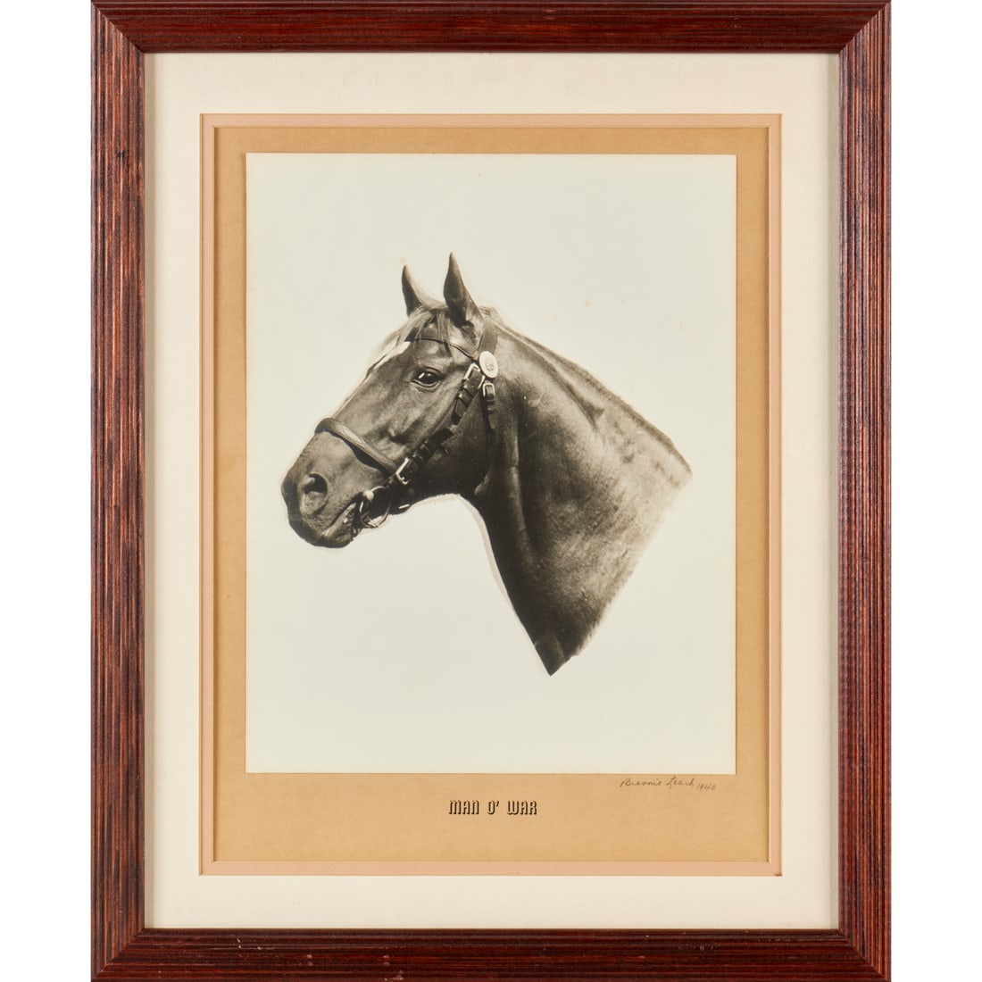 Brownie Leach, "Man O' War" photograph, 1940: Brownie Leach, "Man O' War" photograph, 1940, Brownie Leach (American, 1904-1980), Silhouetted photo, pencil signed and dated lower right, matted and framed under glass, 16.25"h x 12.25"w (sight),
