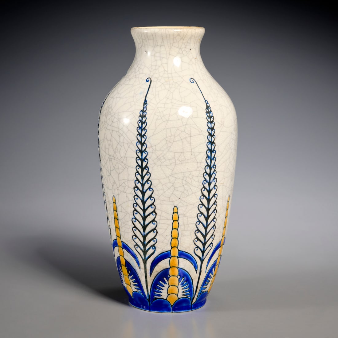 Boch Freres (attrib), pottery vase: Boch Freres (attrib), pottery vase, Attributed to Charles Catteau for Boch Freres, c. 1920s-1930s, Belgium, stylized floral decoration on crackle glaze, marked on underside, 10.75"h x 4.75"dia