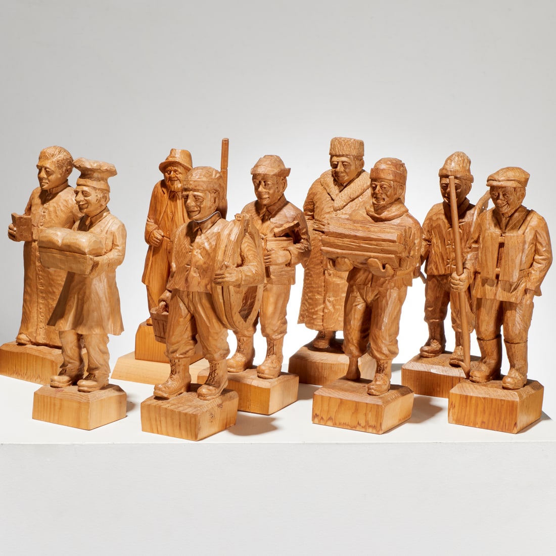Yvan Maltais, (9) French carved wood figures (1 of 6)