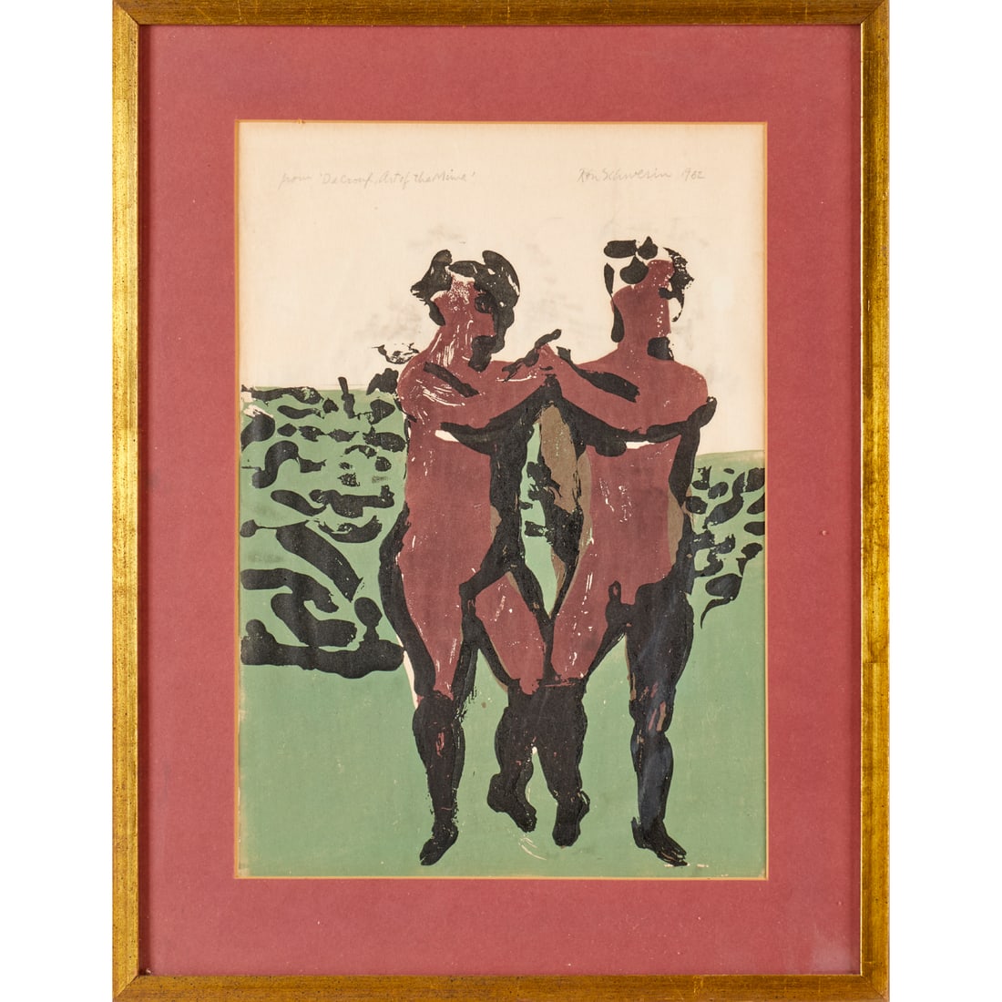 Ron Schwerin, relief etching, signed: Ron Schwerin, relief etching, signed, Ron Schwerin (American, b. 1940), Two Figures, a quadratone etching made in 1962, and published in 1965 in "Mime: The Art of Etienne Decroux", pencil signed and d