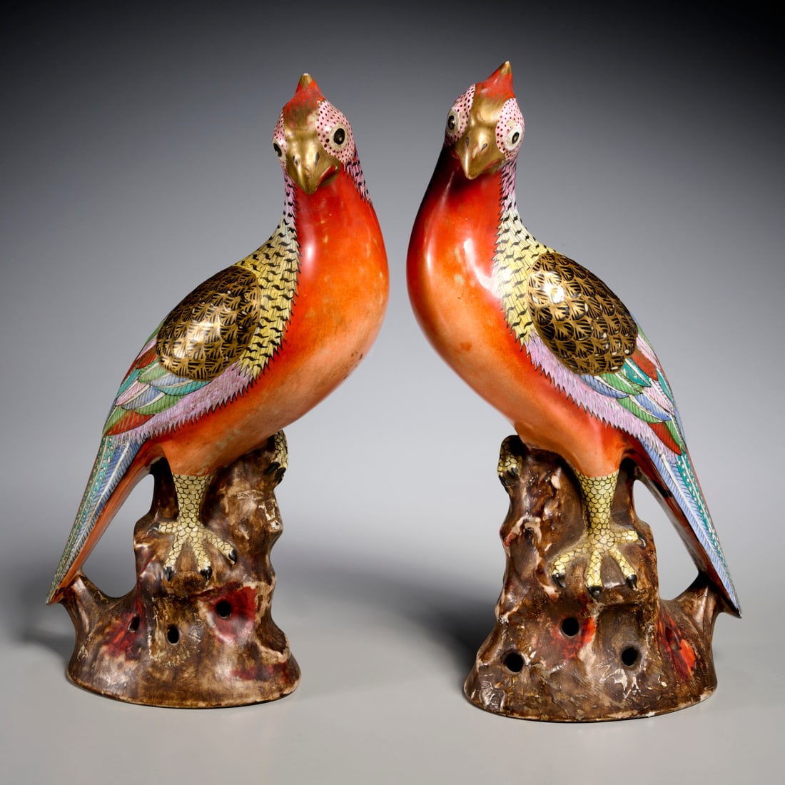 Pair Chinese Export porcelain pheasants: Pair Chinese Export porcelain pheasants, 20th c., polychrome glazed porcelain, unmarked, approx. 14.25"h x 8.25"l x 4.25"w Provenance: The Estate of Camilla Dietz Bergeron, NYC