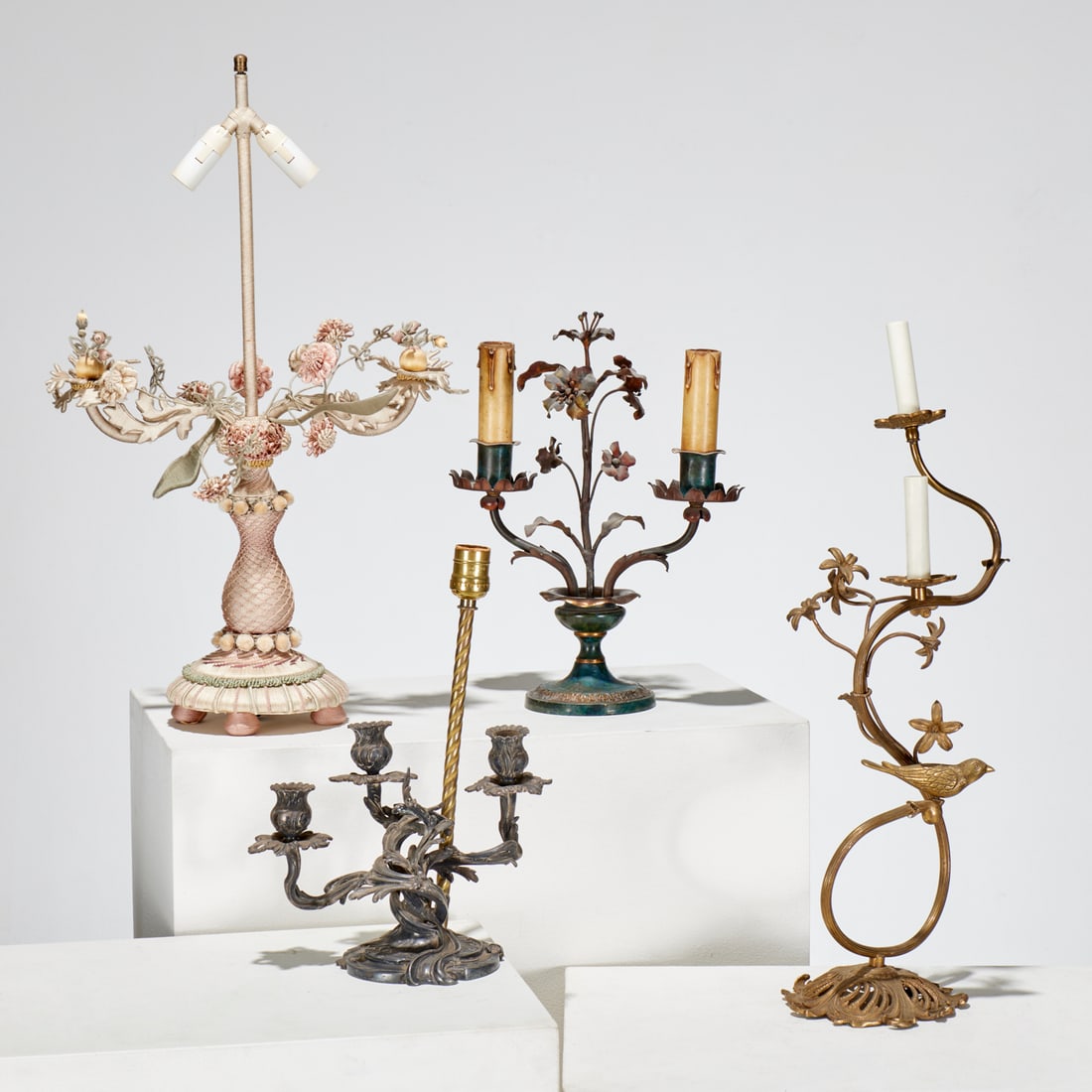 (4) Vintage French style lamps, ex Iris Apfel: (4) Vintage French style lamps, ex Iris Apfel, 20th c., incl. Louis XV style, a fabric wrapped floral example, bird on branch, and flower pot design, 24.75"h x 16"w x 7"d (largest), 14.25"h x 11"w x 6