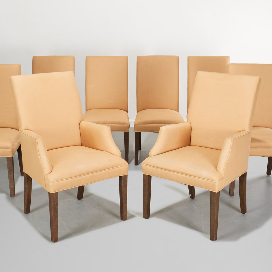 (8) Restoration Hardware "Hudson" dining chairs: (8) Restoration Hardware "Hudson" dining chairs, c. 2019, incl. (2) armchairs, and (6) side chairs, in tan upholstery, each labeled under seat, armchairs: 41.5"h x 25"w x 22"d, 19.5"h (to seat), side 
