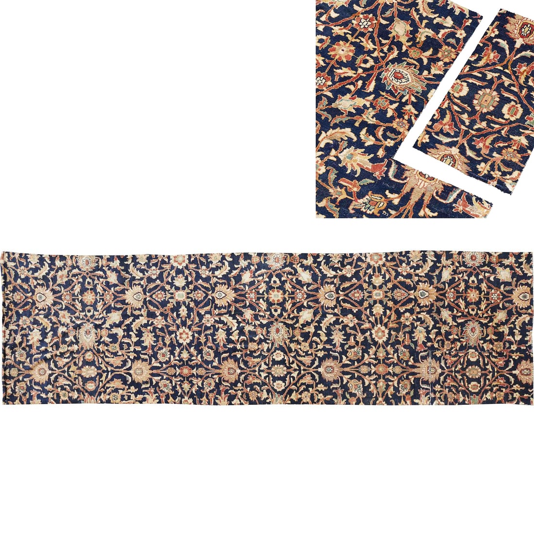 Antique Mahal hand-knotted rug fragments: Antique Mahal hand-knotted rug fragments, 20th c., in two pieces, hand woven, vegetal pattern on navy ground, approx. 21'10"l x 6'2"w (larger), 4'2"l x 2'2"w