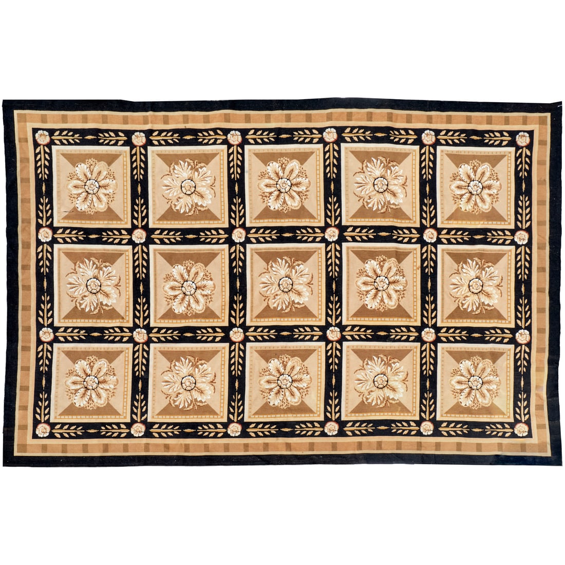Louis Philippe style needlepoint rug: Louis Philippe style needlepoint rug, 20th c., repeating floral medallions on black and tan ground, unmarked, approx. 9"3"l x 6'1"w