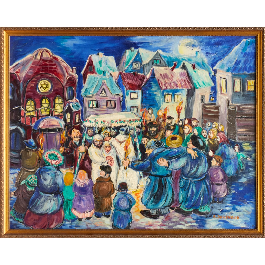 Renate Dollinger, oil on canvasboard: Renate Dollinger, oil on canvasboard, Renate Dollinger (German, b. 1924), Judaica Village Genre Scene, signed "R. Dollinger" at lower right, 21"h x 27"w (sight), 23"h x 29"w (frame) Provenance: Proper
