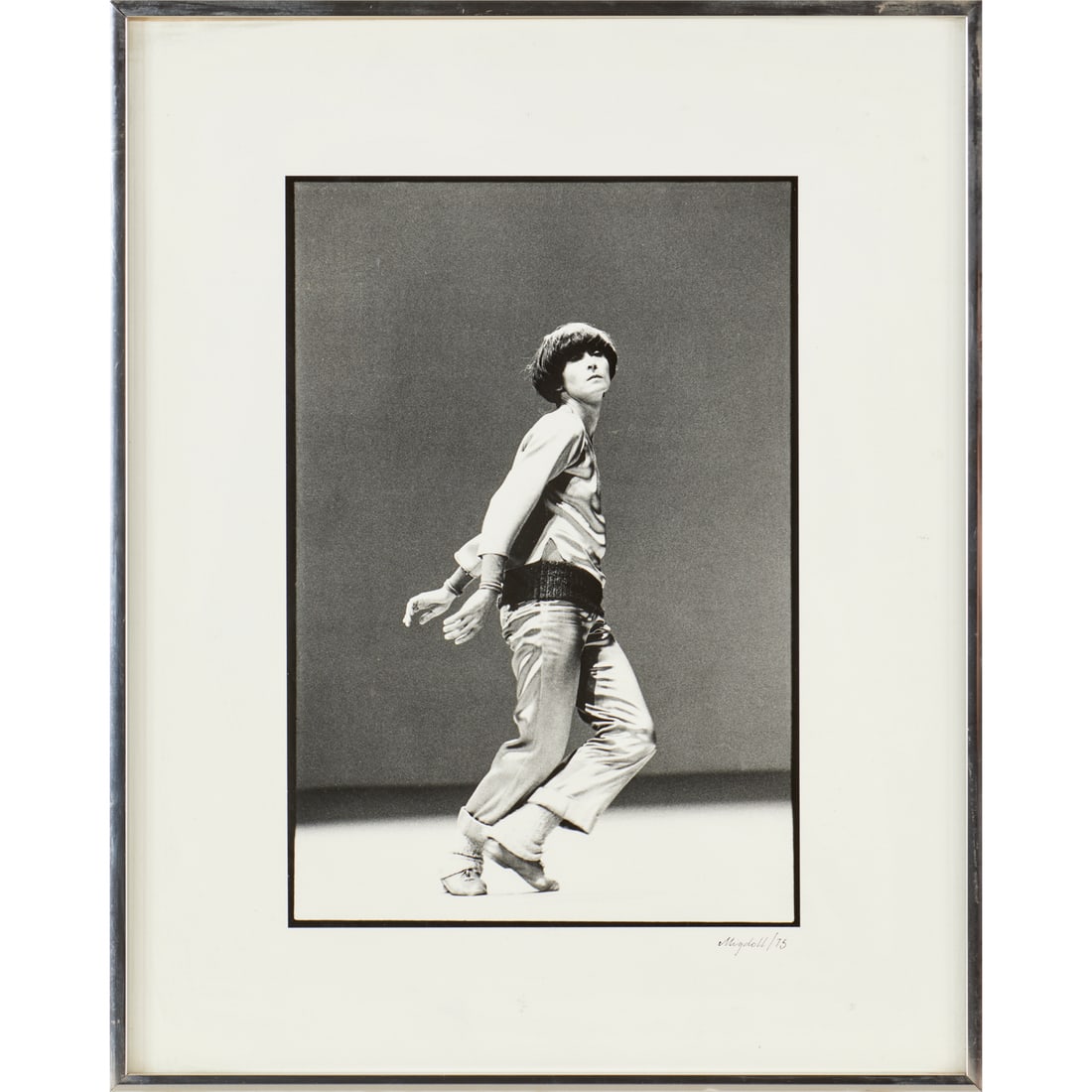 Herbert Migdoll, signed photograph: Herbert Migdoll, signed photograph, Herbert Migdoll (American, 1934-2025), Dancer from Twyla Tharpe's "Sue's Leg", 1975, signed and dated lower right, framed under glass, 13.75"h x 9.25"w (image),