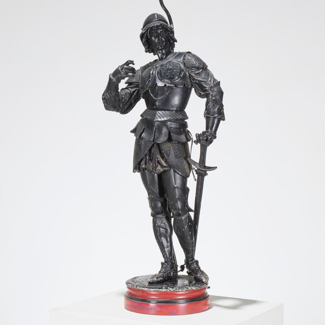 Alfred-Jean Halou (after), large figural lamp: Alfred-Jean Halou (after), large figural lamp, After Alfred-Jean Halou (French, 1875-1940), knight in armor mounted as a lamp, painted white metal, marked "A. Helou" on base, wired with double socket