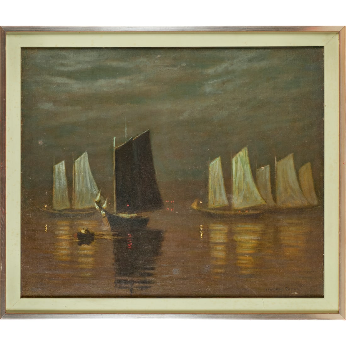 Ethelbert Brown, oil on canvas: Ethelbert Brown, oil on canvas, Ethelbert Brown (American, 1870-1946), Ships at Night, signed lower right, 23.75"h x 28.5"w (sight), 27.75"h x 32.5"w (frame) Provenance: The Arthur J. Williams Collect