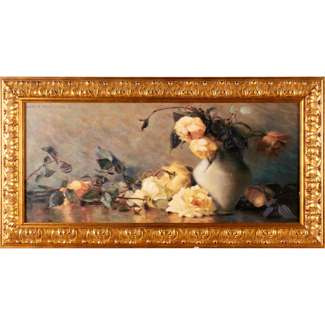 Mary Hiester Reid (after), oil on canvas: Mary Hiester Reid (after), oil on canvas, After Mary Hiester Reid (Canadian, 1854-1921), "A Harmony in Grey and Yellow", a Brushstrokes artist enhanced reproduction, with COA, 15.5"h x 35.5"w (sight),