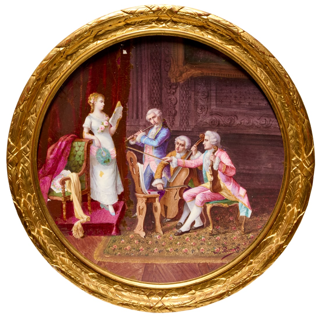 J. Pascault, large porcelain plaque: J. Pascault, large porcelain plaque, J. Pascault (French, 19th c.), Private Recital, signed lower right edge, in giltwood frame, 19.25"dia (sight), 24"dia x 4.25"d (frame) Provenance: A Private