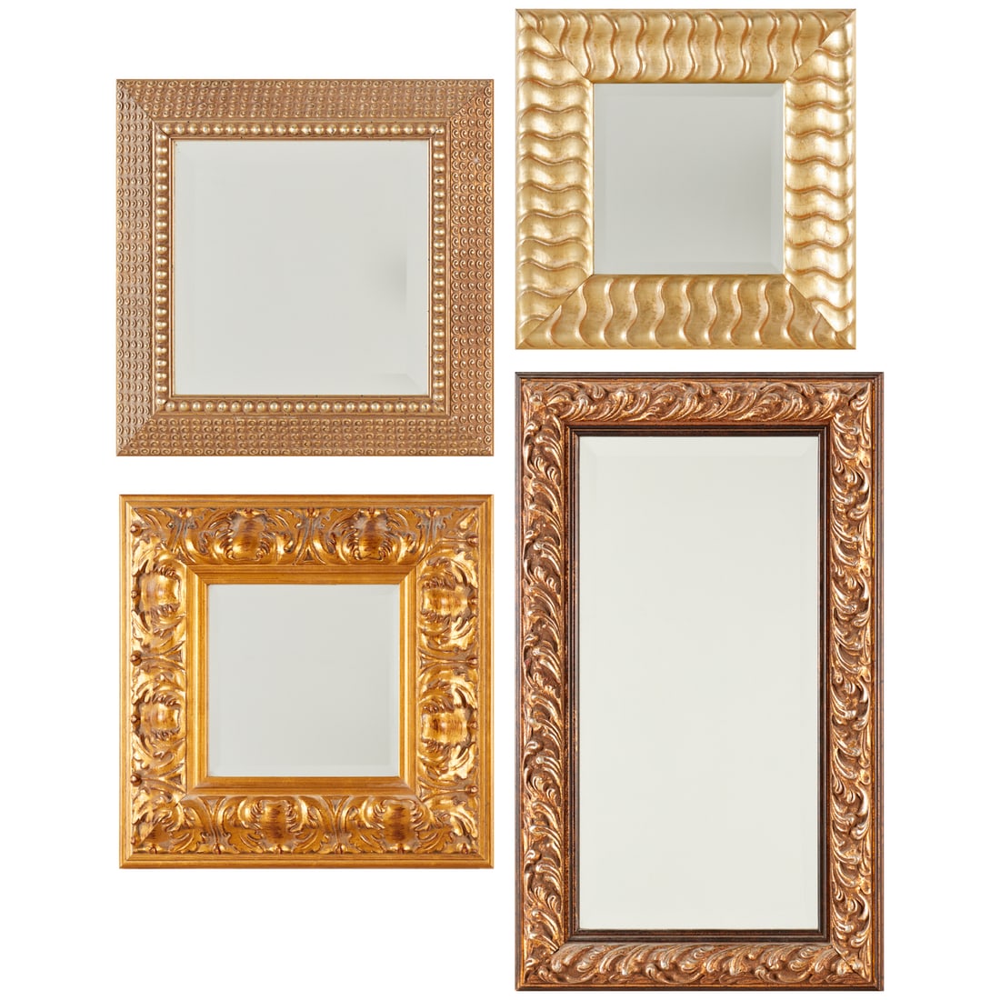 Group (4) Museum Facsimiles gilt wall mirrors: Group (4) Museum Facsimiles gilt wall mirrors, 20th/21st c., Pittsfield, MA, labels on verso, decorative giltwood style, beveled mirror glass, frame sizes 24.75"h x 14.5"w (largest), two at 14.5"squ,