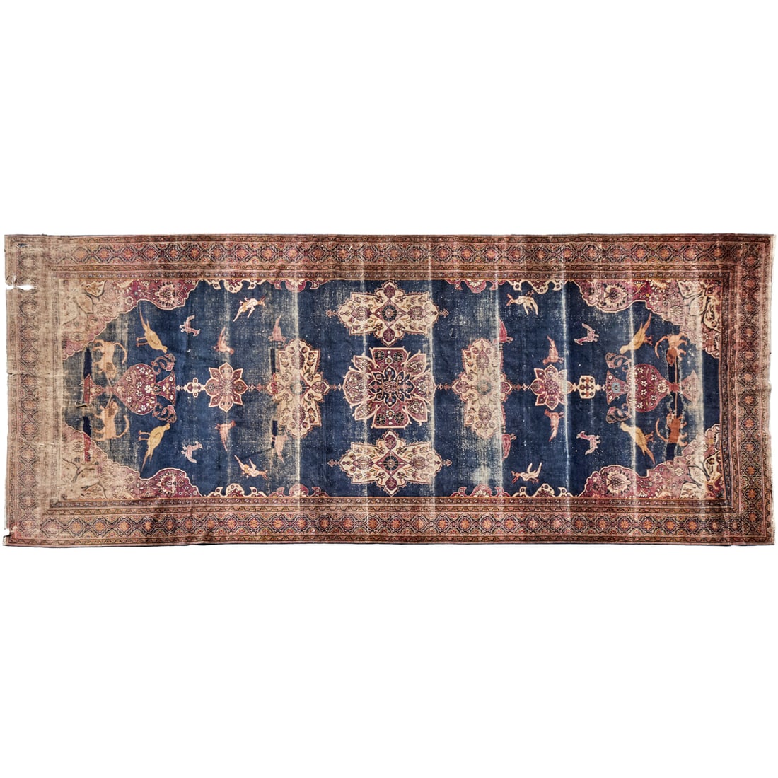 Antique Persian pictorial rug: Antique Persian pictorial rug, 19th/20th c., animal and urn motifs on deep blue ground, approx. 18'1"l x 7'5"w