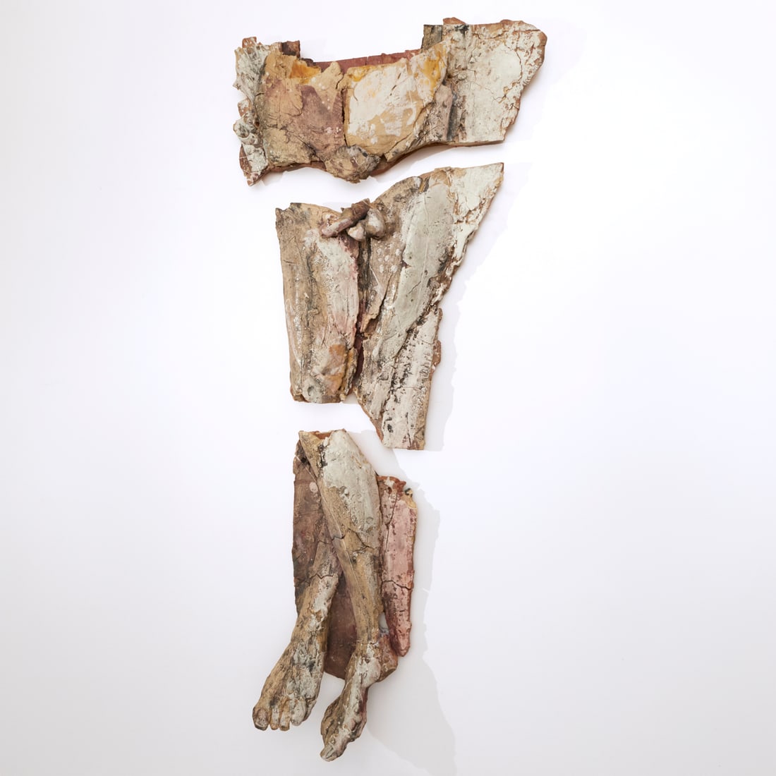 Modern School, fragmented pottery sculpture: Modern School, fragmented pottery sculpture, Modern School (Late 20th c.), Male Nude, in three sections, initialed and dated "P.S. 1996" to back, 53"h x 23.5"w (total, with small spaces between sectio
