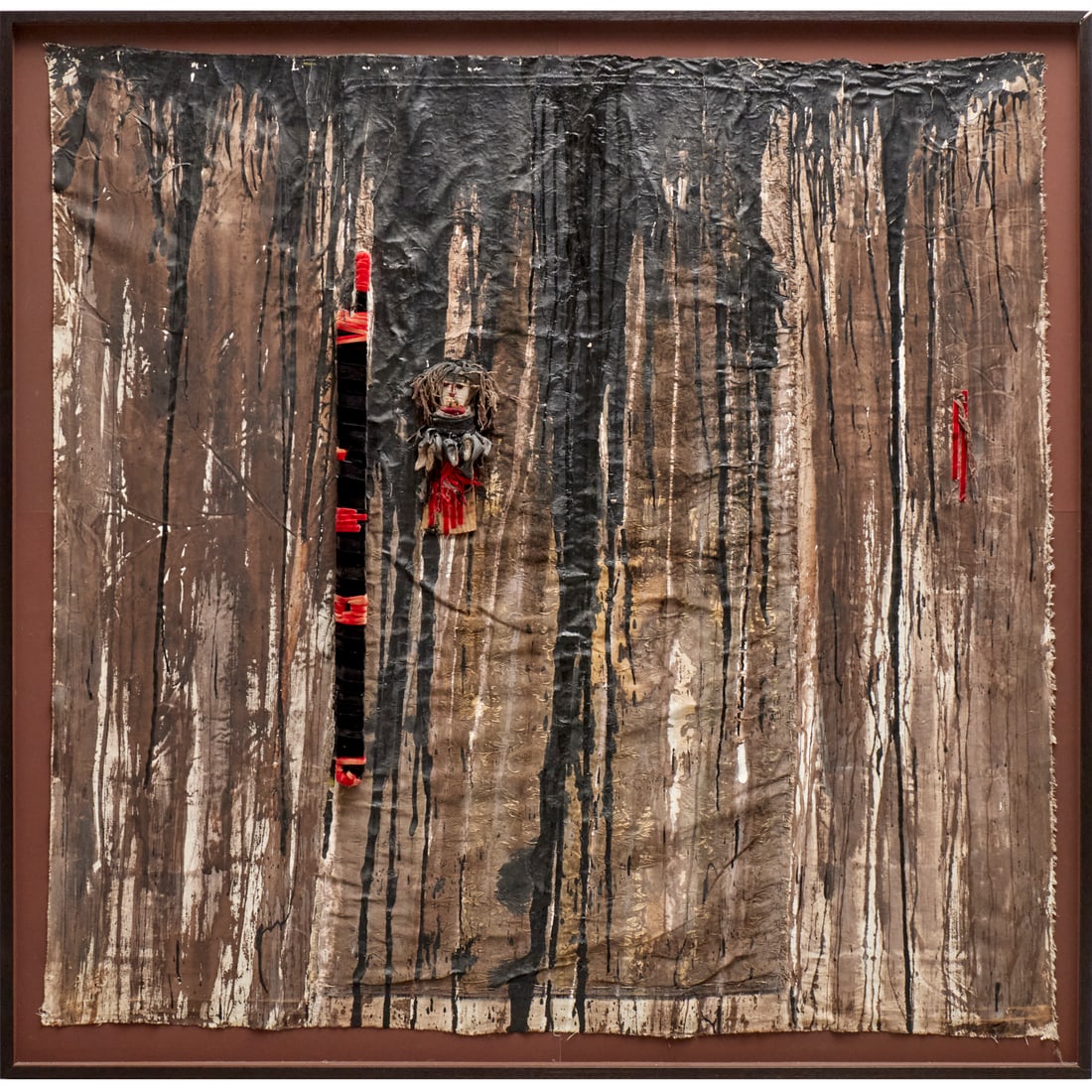 Gaston Garreaud (manner), large mixed media: Gaston Garreaud (manner), large mixed media, Manner of Gaston Garreaud (Peruvian, 1934 - 2005), Untitled, mixed media on canvas and fabric, stretch mounted on board, with found objects incl. a Chancay