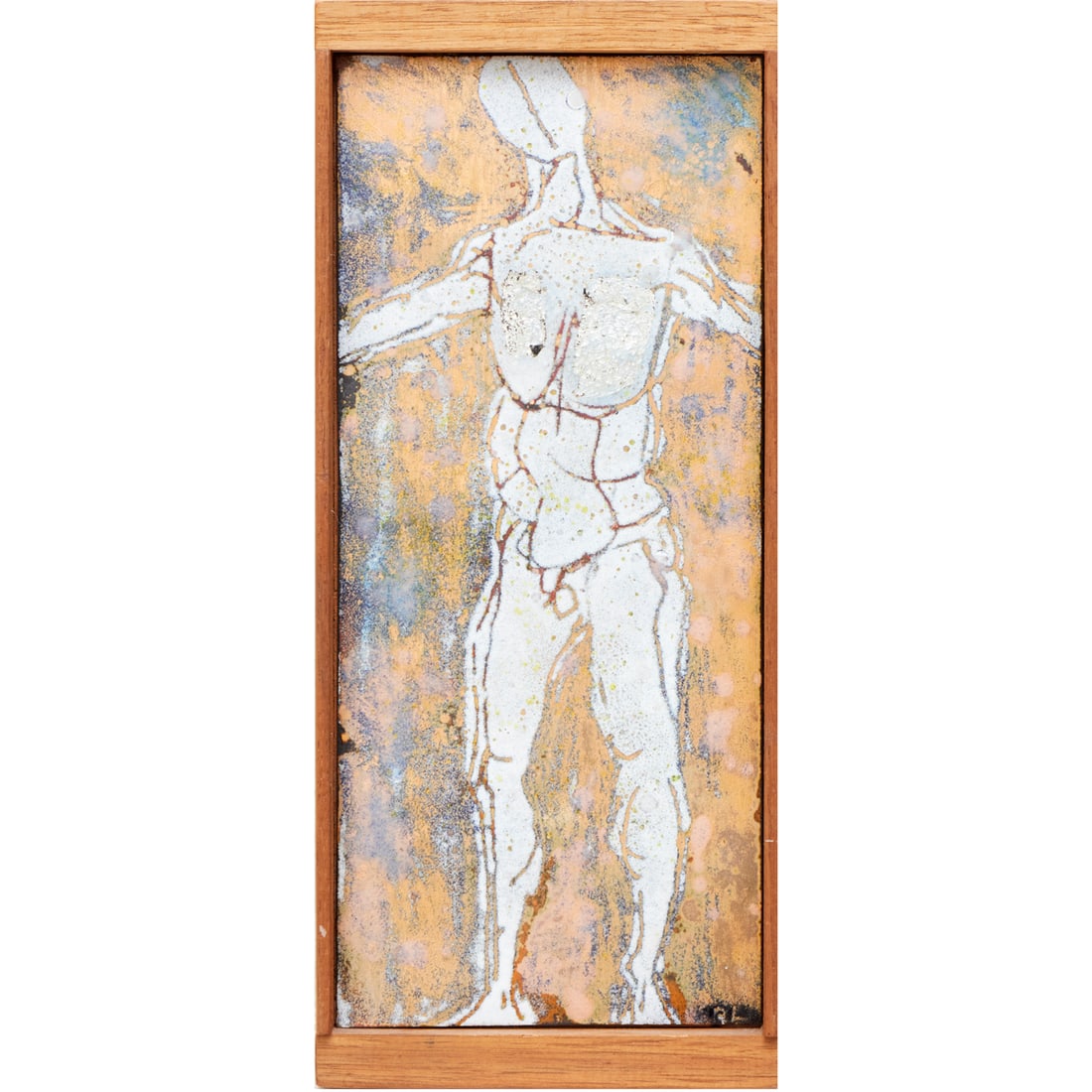Richard Loving, enamel on copper: Richard Loving, enamel on copper, Richard Loving (American, 1924-2021), Male Nude, initialed "RL" at lower right, sticker label to verso, 9"h x 4"w (panel), 10.25"h x 4.25"w (frame)