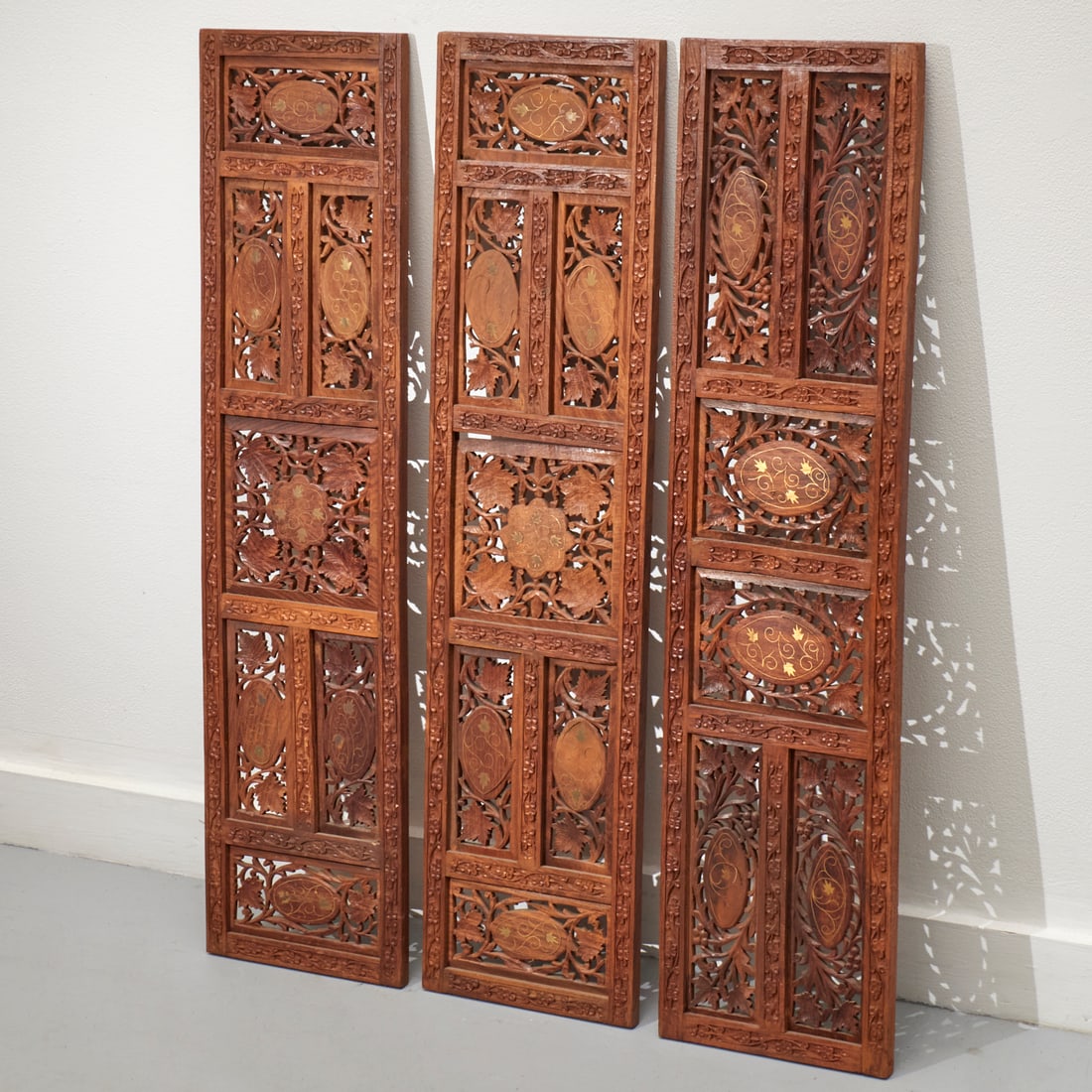 (3) Indian brass inlaid carved hardwood panels (1 of 5)