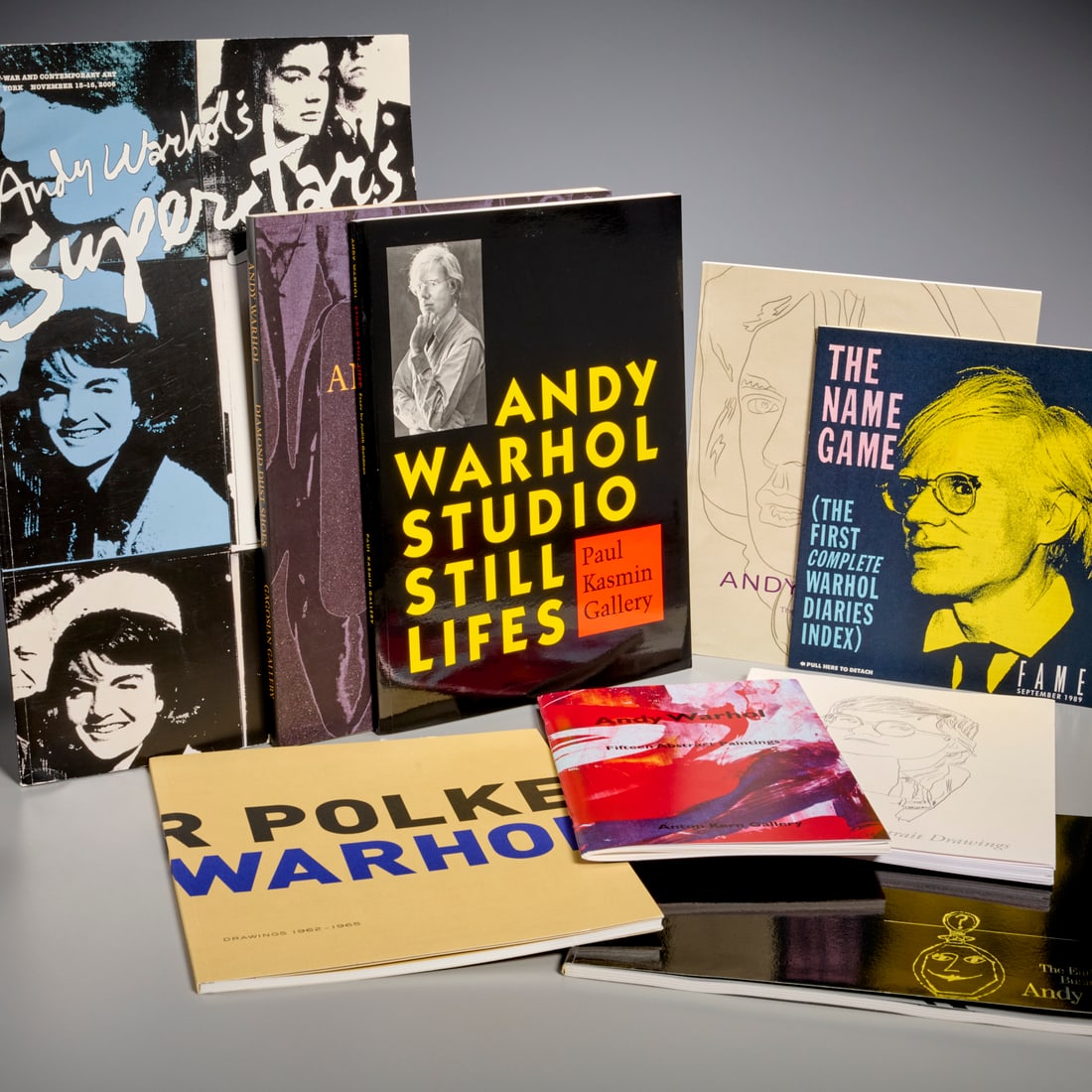 Andy Warhol, (9) catalogues: Andy Warhol, (9) catalogues, Incl. 1) Superstars, Christie's, 2006; 2) Diamond dust Shoes, Gagosian, 1999; 3) Studio Still Lifes, Kasmin, 1998; 4) "Success is a job in New York" The Early Art and