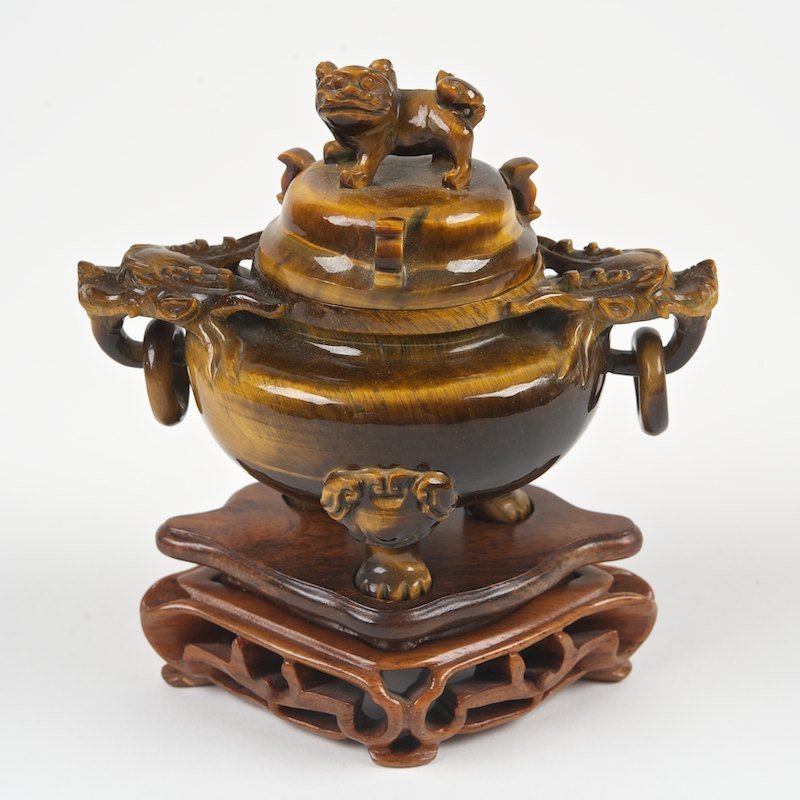 Chinese tiger's eye agate censer and cover