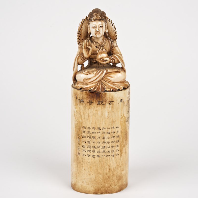 Chinese carved and engraved ivory Buddhist seal: Chinese carved and engraved ivory Buddhist seal, 20th c., incised poems and Buddha finial, 9.5"h x 3"w x 2.75"d