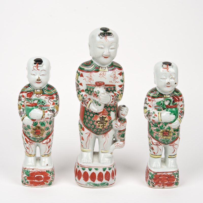 (3) piece antique Chinese porcelain boy garniture: (3) piece antique Chinese porcelain boy garniture, Transitional Ming style, larger: 12.75"h x 3.5"w x 3.25"d, smaller: 11"h x 2.75"w x 2.5"d