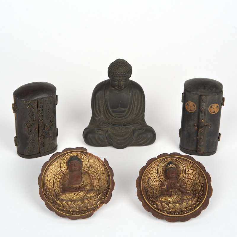 (4) antique Japanese Buddhist devotional objects: (4) antique Japanese Buddhist devotional objects, Meiji Period, incl. one bronze Amida Buddha, and 3 traveling shrines, 3.5"h x 3"w (Buddha), 2.5"dia. (lotus shrine)