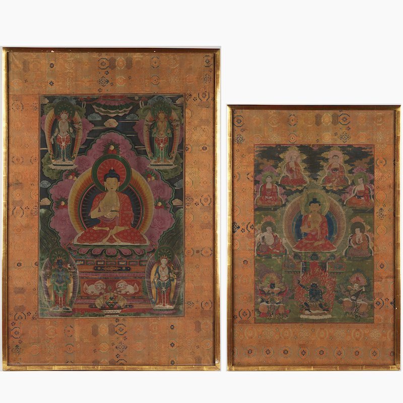 (2) antique Tibetan Buddhist thankas: (2) antique Tibetan Buddhist thankas, 18th/19th c., embroidered silk borders, larger: 27.5" x 18" (image), smaller: 21.75" x 14.5" (image)
