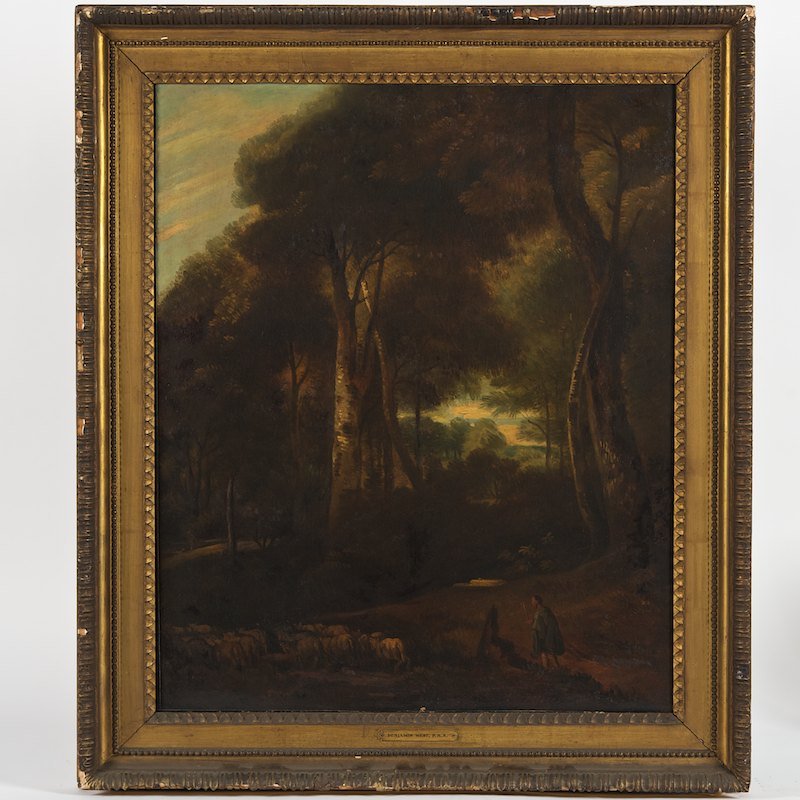 Attrib. to Benjamin West (1738-1820, American),: Attrib. to Benjamin West (1738-1820, American), painting, "Crossing the Stream", oil on canvas, 29.25" x 24" (sight), framed