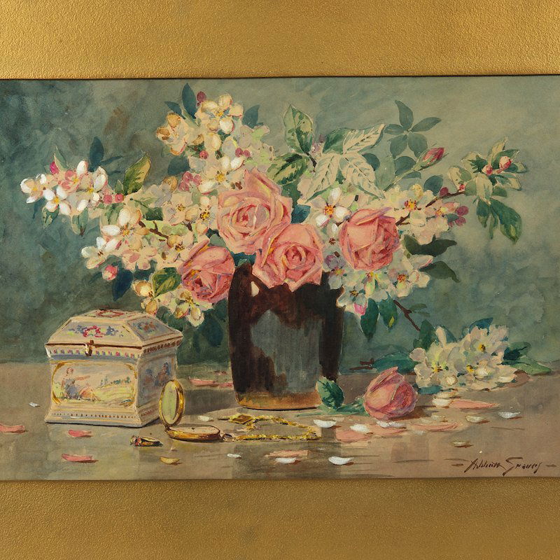 Abbott Fuller Graves (1859-1936, American), painting: Abbott Fuller Graves (1859-1936, American), painting, Still life with roses, watercolor and gouache on paper, signed "Abbott Graves", lower right, 13.5" x 19.5" (sight), matted and framed