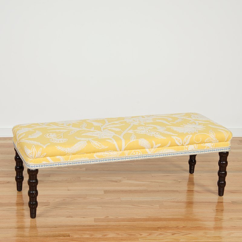 Bunny Williams bench with yellow crewel work seat: Bunny Williams bench with yellow crewel work seat, 21st c., labeled on underside, 17"h x 48.5"l x 19"d Provenance: Sara Gilbane Interiors, NY