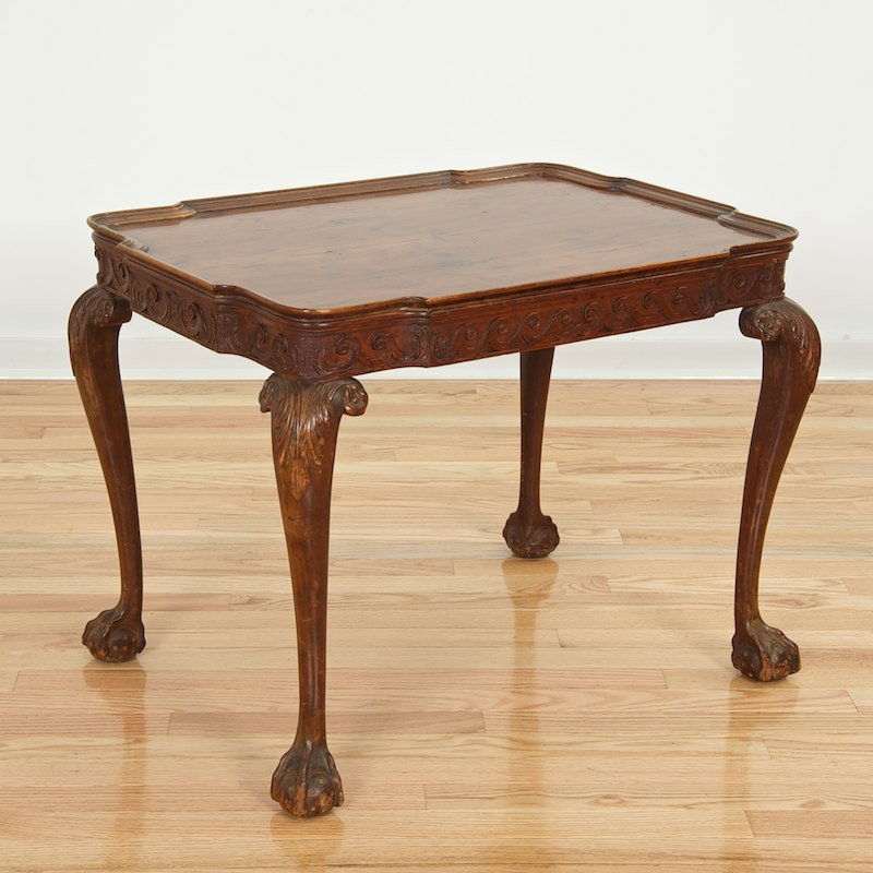 Unusual English Provincial carved yew tea table: Unusual English Provincial carved yew tea table, 19th c., claw and stippled ball feet, 21"h x 27.5"l x 20.5"d
