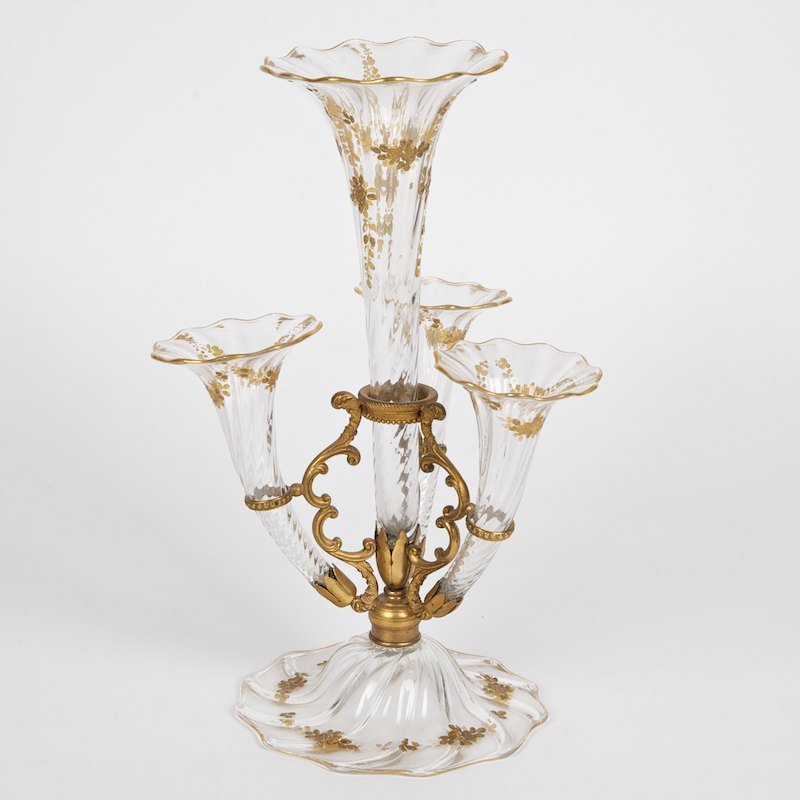 Gilt glass, bronze epergne attrib. to Thomas Webb: Gilt glass, bronze epergne attrib. to Thomas Webb, Late 19th/20th c., raised gilt floral festoons, base inscribed with registration "Rd 175802", 13.5"h x 9"dia.