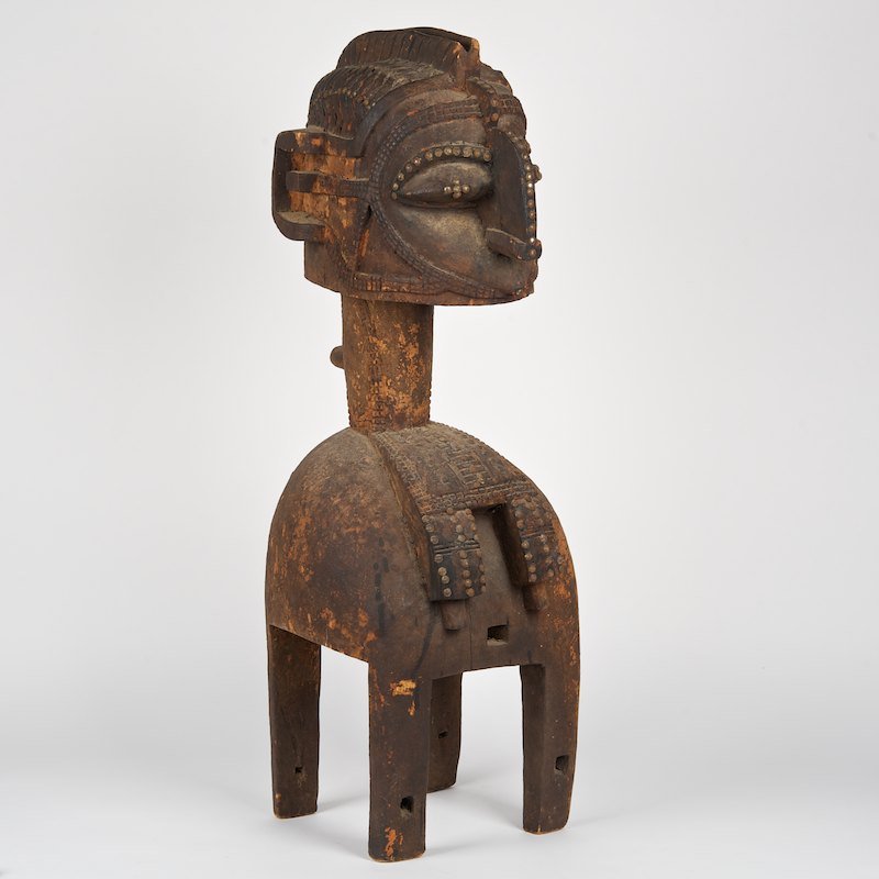 Baga Nimba carved and tacked wood headdress: Baga Nimba carved and tacked wood headdress, 20th c., New Guinea, 38"h x 12.5"w x 11.5"d