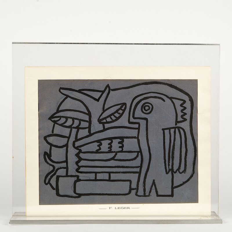 Attr. to Fernand Leger (1881-1955, French), drawing: Attr. to Fernand Leger (1881-1955, French), drawing, Untitled studies (double-sided work), ink on blue paper with pencil under-drawing, unsigned, 12" x 15.25" (sight), matted in acrylic table frame Pr