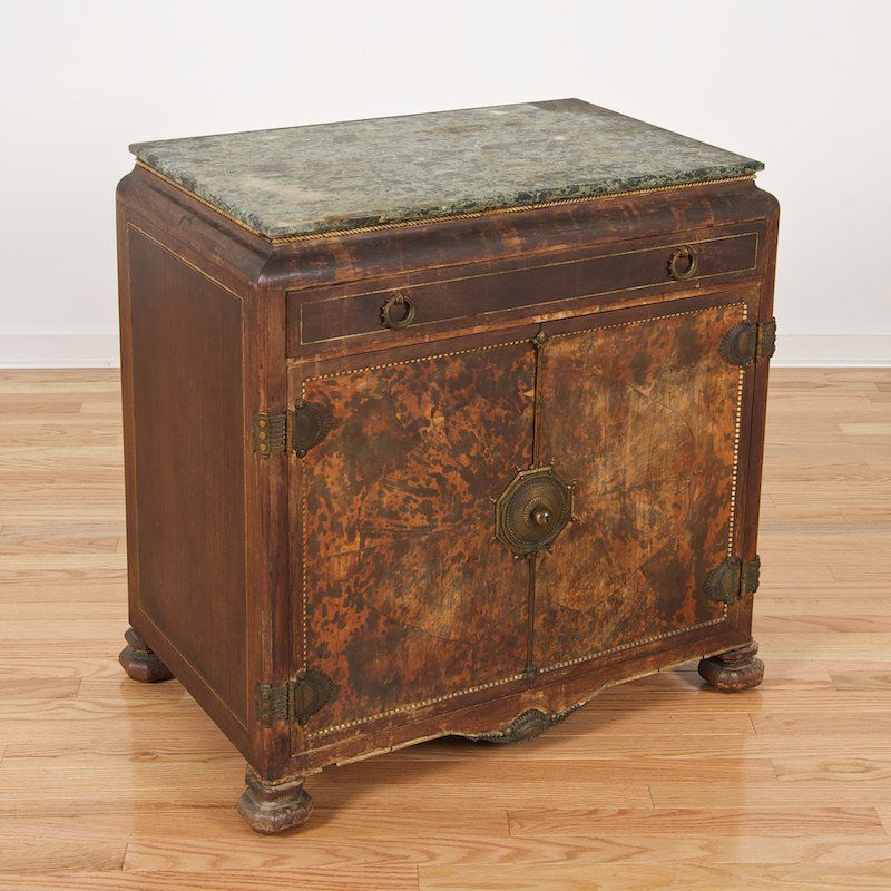 Tortoise inlaid mahogany cabinet manner of Carlo: Tortoise inlaid mahogany cabinet manner of Carlo Bugatti, Early 20th c., with bronze mounts and marble top, 31"h x 30"w x 18.5"d