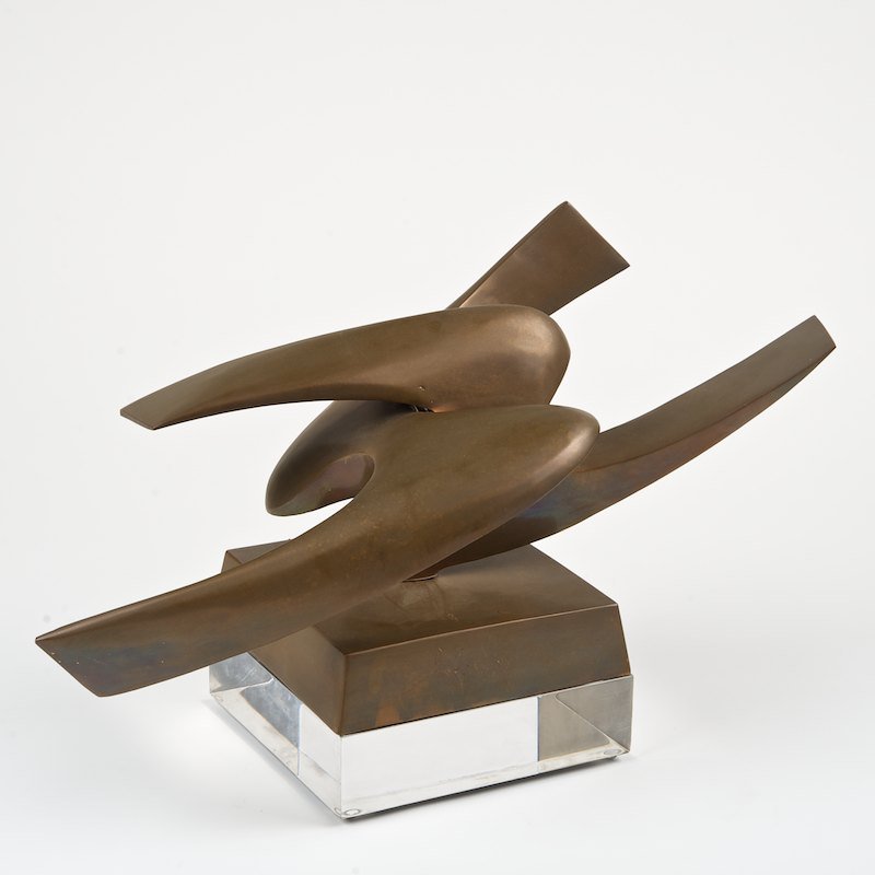 Leonardo Nierman (b. 1932, Mexican/American), bronze: Leonardo Nierman (b. 1932, Mexican/American), bronze, Abstract construction, polished bronze, signed and numbered "Nierman - II/VI", on acrylic base, 9.75"h x 17.75"l x 8.5"w (excl. base)