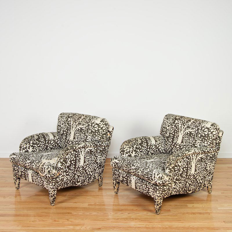 Pair Billy Baldwin upholstered armchairs: Pair Billy Baldwin upholstered armchairs, 20th c., brown and white tree "Foliage" fabric, 29"h x 29"w x 29"d
