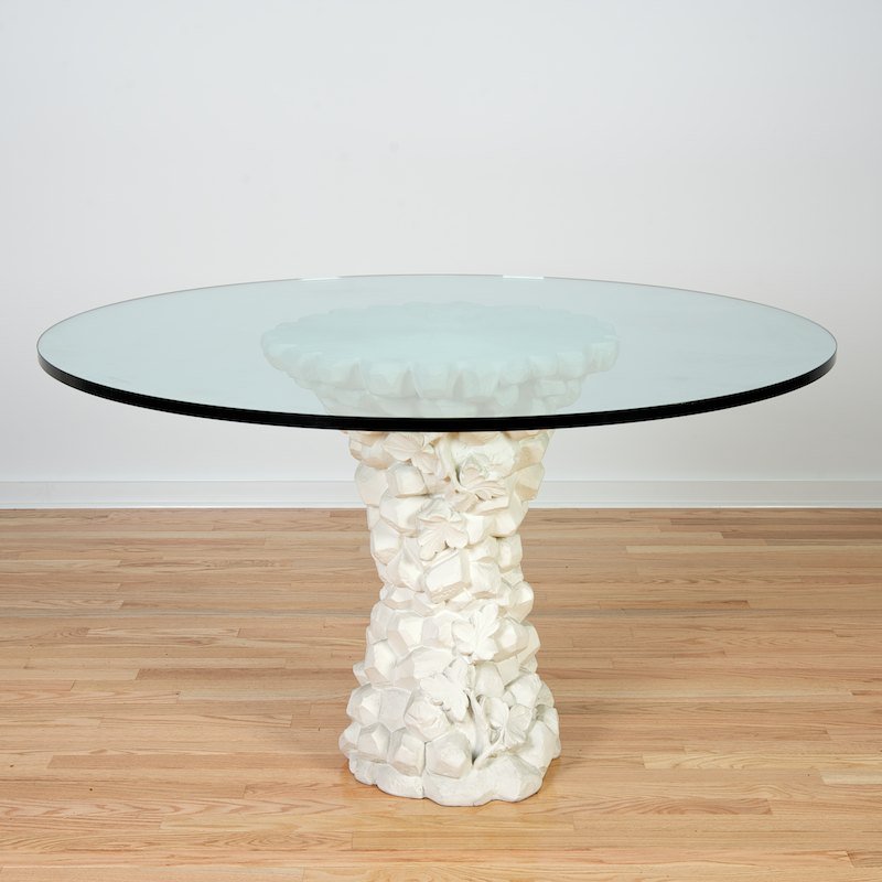 Painted composition center table manner of Emilio Terry: Painted composition center table manner of Emilio Terry, 20th c., rockwork and vine base with circular plate glass top, 29"h x 47.5"dia.