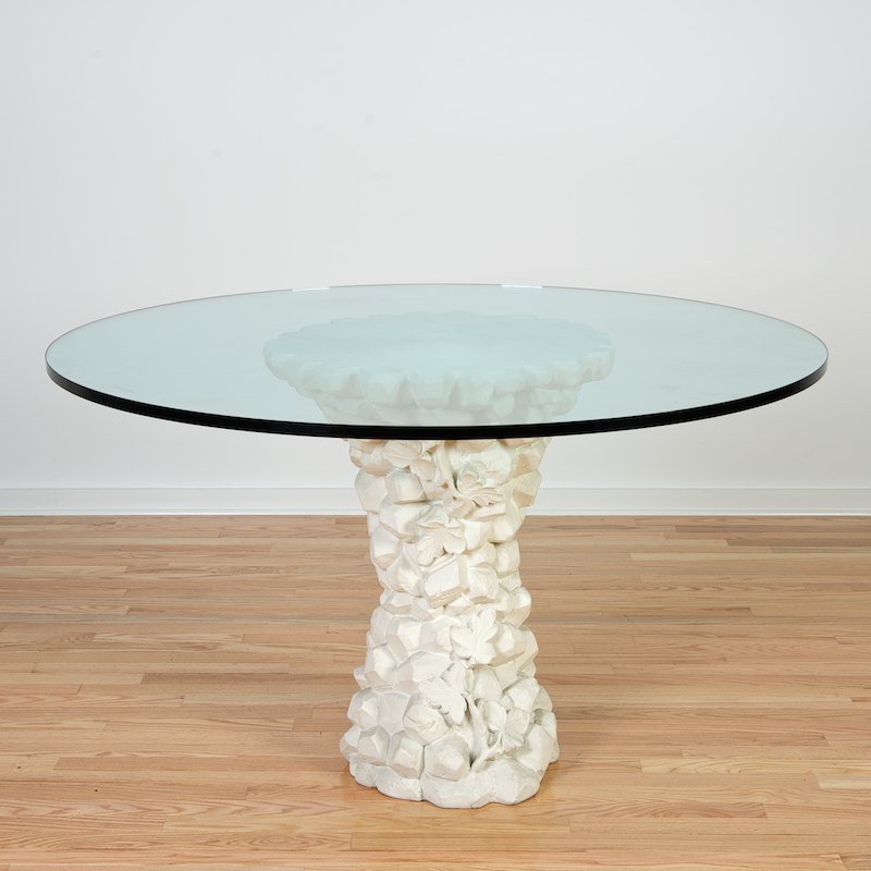 Painted composition center table manner of Emilio Terry: Painted composition center table manner of Emilio Terry, 20th c., rockwork and vine base with circular plate glass top, 29"h x 47.5"dia.
