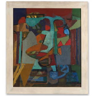 Alexander Robertson (20th c., American), painting: Alexander Robertson (20th c., American), painting, "Balinese", 1963, oil and collage on board, signed and dated "A.F.R. 63", lower right, 35.5" x 31" (sight), framed